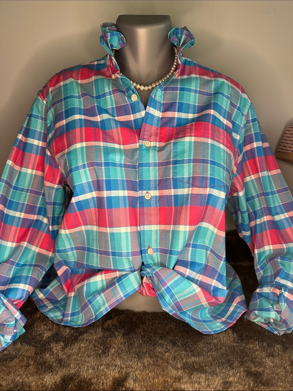 crown & ivy Plaid Button-Down Shirt in Teal plaid. Open back Ruffled collar